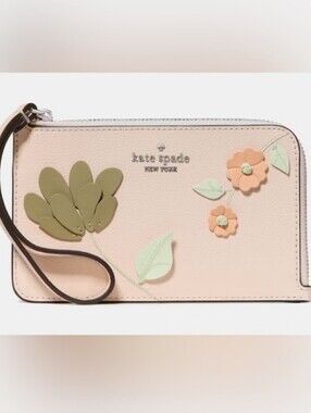 Kate Spade blush pink floral wristlet with green and peach appliqués/ New